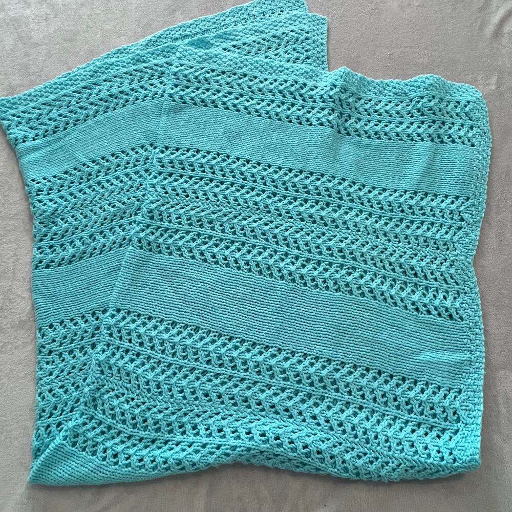 Handmade Knit Blanket Throw Afghan Throw Aqua Open Weave 60 x 54 inches